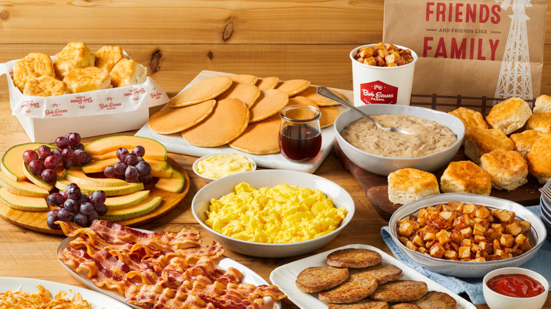 A Bob Evans Easter brunch featuring pancakes, eggs, bacon, sausage, biscuits, and more
