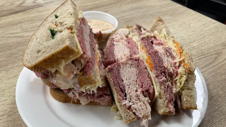 New Jersey-style sloppy Joe with turkey, corned beef, and roast beef on rye