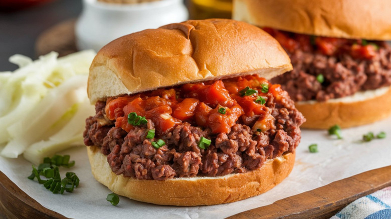 Two sloppy Joes on wooden board with scallions