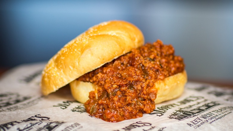 Sloppy joe on newsprint-style paper at Sloppy Joe's Bar in Key West, Florida