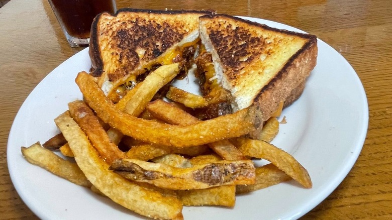 Sloppy Joe on Texas toast with fries on plate at Zaharakos in Columbus, Indiana