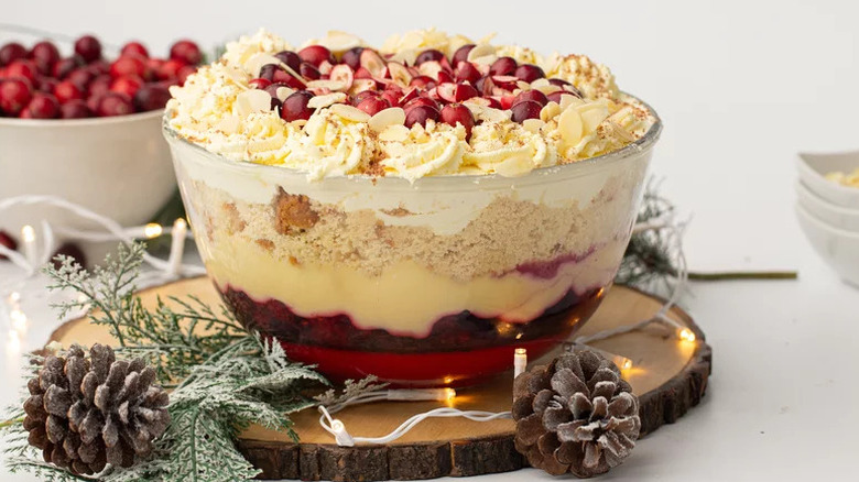 Holiday Trifle in a bowl with holiday decorations