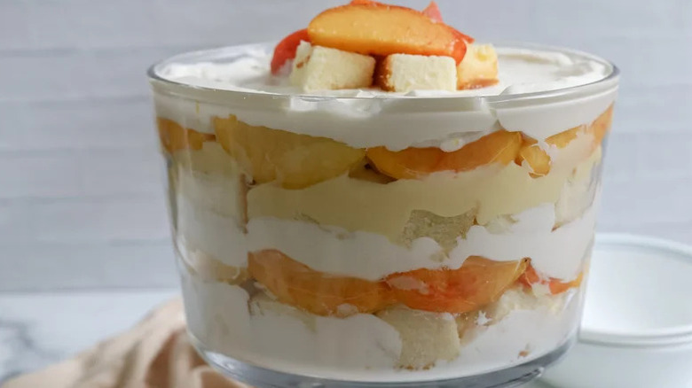 Summer Peaches and Cream Trifle in large glass bowl