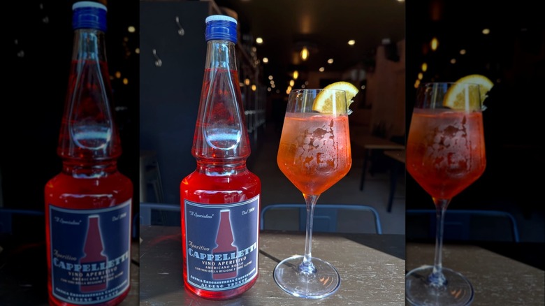 A glass of Cappelletti Spritz with a lemon garnish and next to Cappelletti Bottle