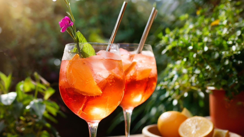 Two glasses of Ramazzotti Spritz with straws and flower garnish with greenery in the background