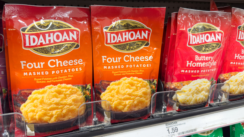 Idahoan instant mashed potatoes on shelf