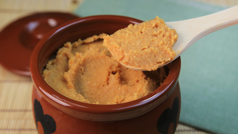 Spoonful of miso paste and jar