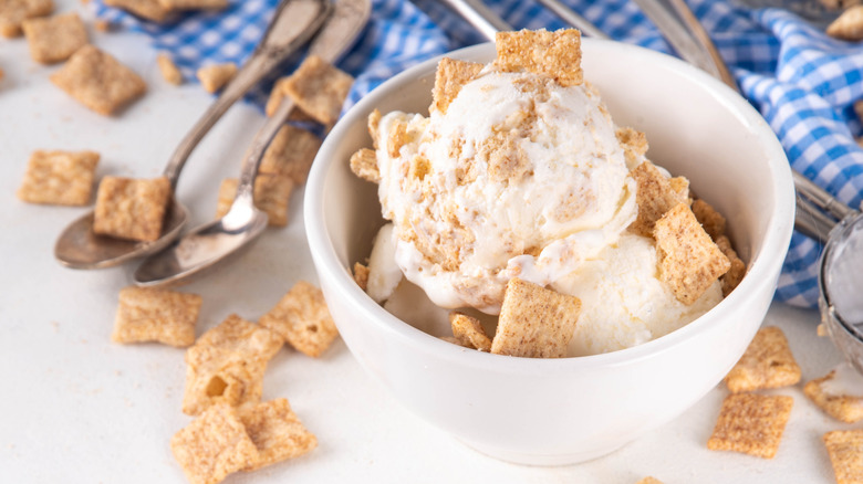 A bowl of ice cream with cereal as a topping