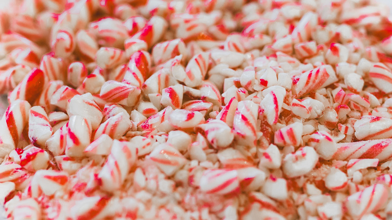 Unevenly crushed pieces of candy cane