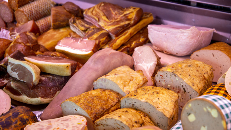 A sausage display at a butcher shop