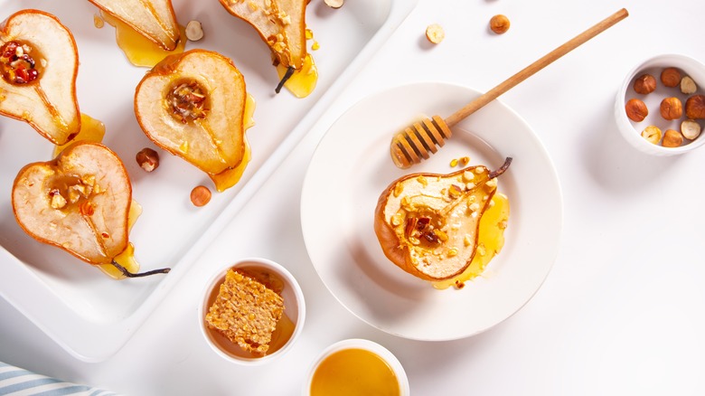 honey roasted pears on tray