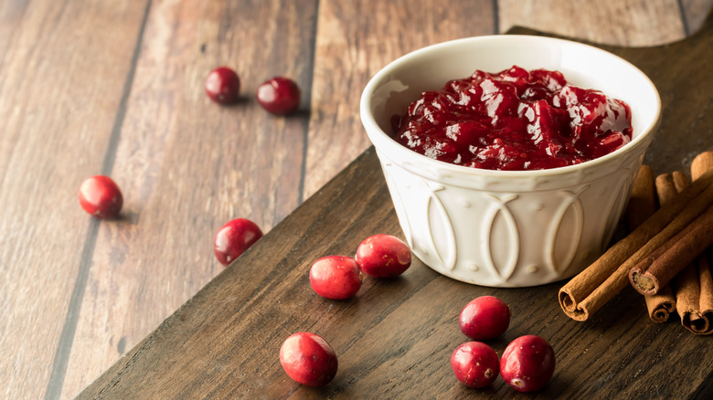 Bowl of cranberry sauce with whole cranberries