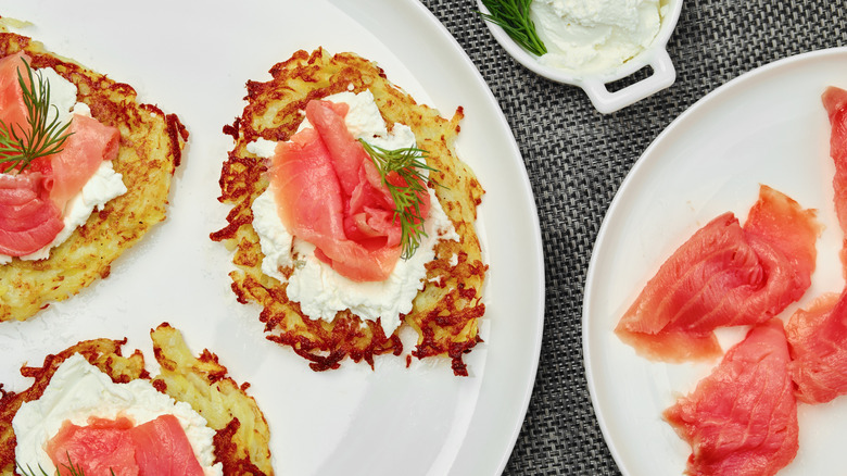 Latkes with cream cheese and lox