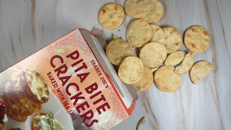 Trader Joe's Pita Bite Crackers and box on marbled surface