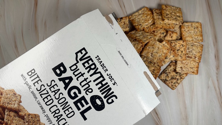 Trader Joe's EBTB Seasoned Crackers and box on marbled surface