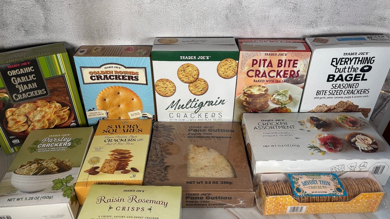 Array of Trader Joe's crackers on table