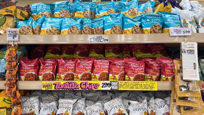 Trader Joe's chip aisle in a grocery store