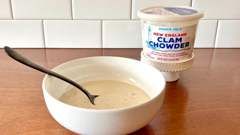 Bowl of Trader Joe's soup with packaging