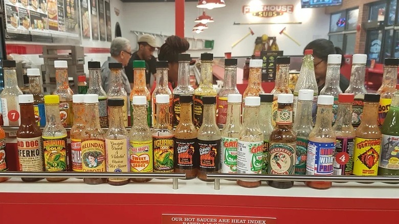Firehouse Subs hot sauce lineup in the store