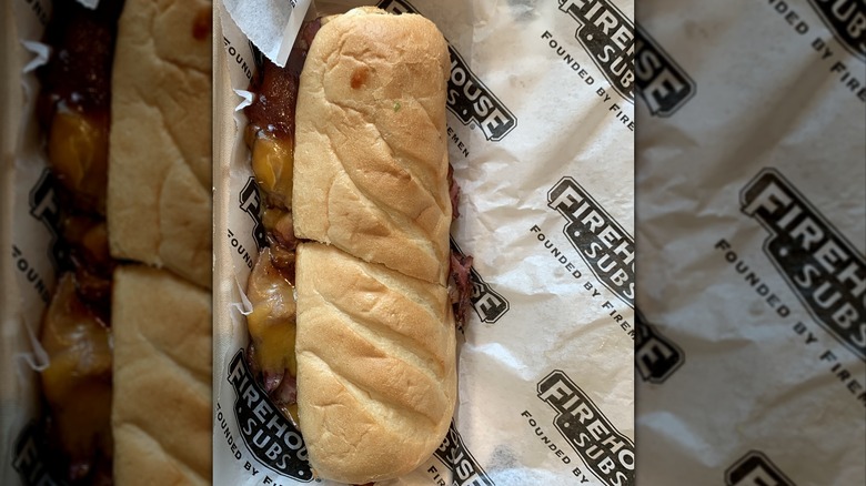 A Firehouse Subs sandwich with premium ingredients on it