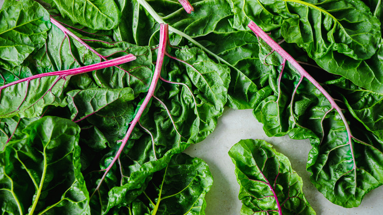 Swiss chard leaves flatlay on table