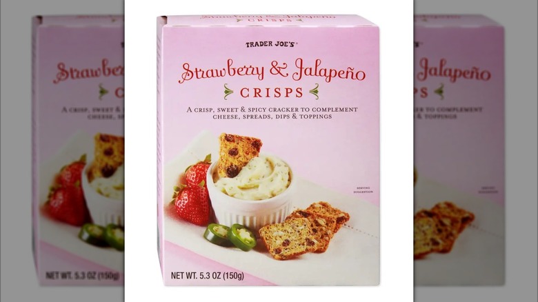 Pink box of Strawberry & Jalapeño Crisps on white background