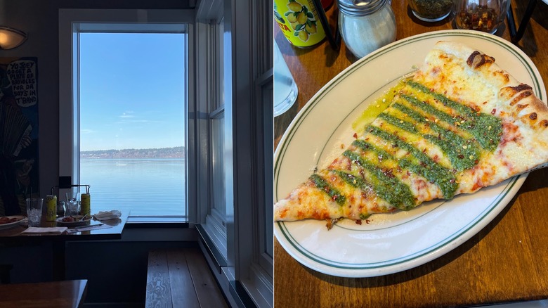 A split image featuring a window view of the Salish Sea and a slice of pesto pizza on a plate
