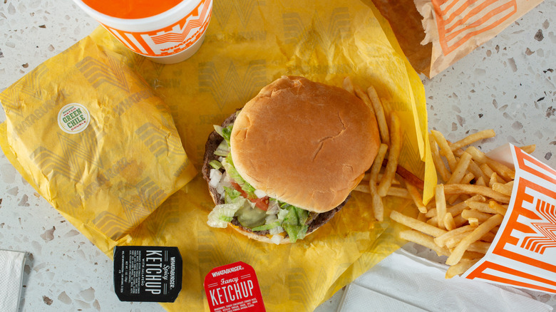 An overhead shot of a hamburger meal from Whataburger