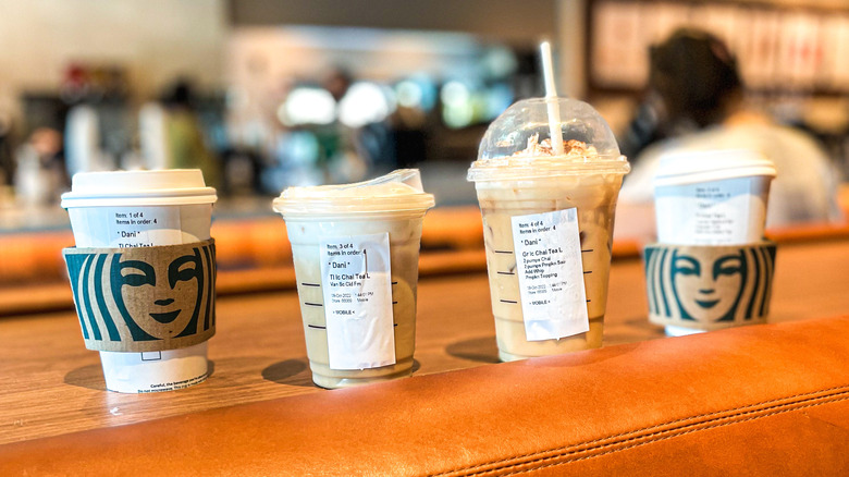 Starbucks drinks on counter
