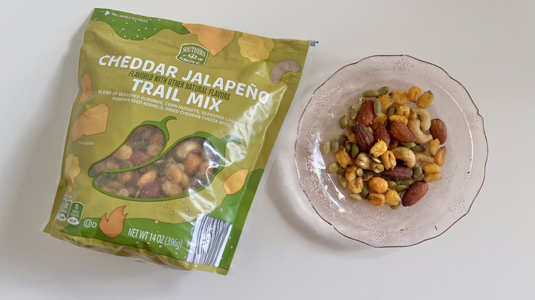 Cheddar jalapeño flavored trail mix on a plate