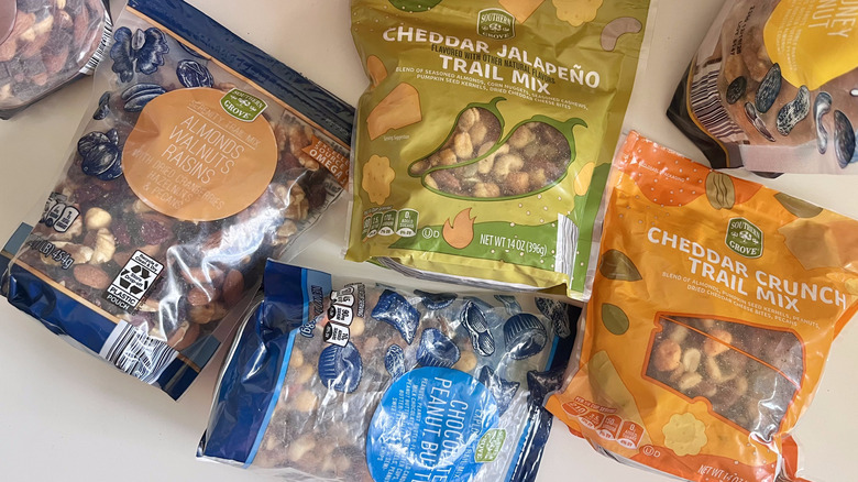 Different Aldi trail mixes on table