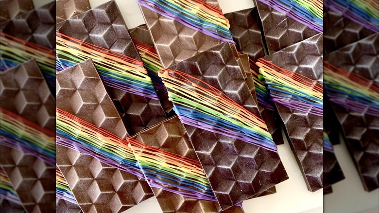 Chocolate bars drizzled with rainbow chocolate