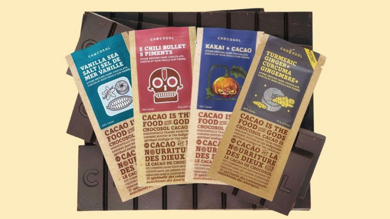 Lineup of four different Chocosol Traders chocolate bars