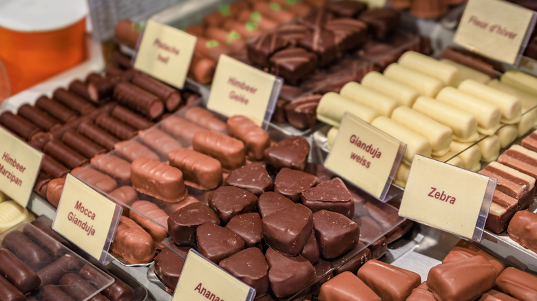 Display of gourmet dark, white and milk Swiss chocolates with flavors like mocca, gianduja and raspberry, a chocolatier shop in Zurich, Switzerland