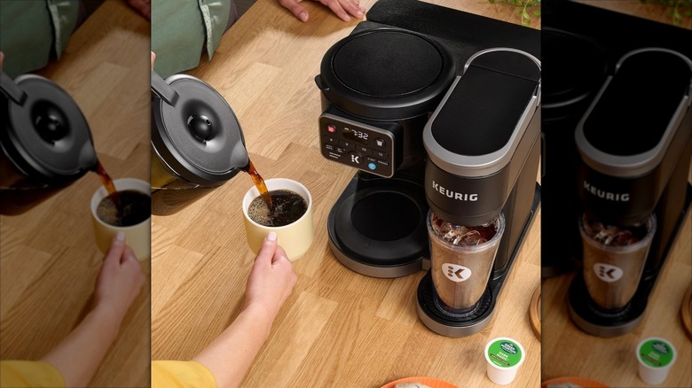 A Keurig K-Duo brewing both hot and iced coffee while a woman fills her coffee cup