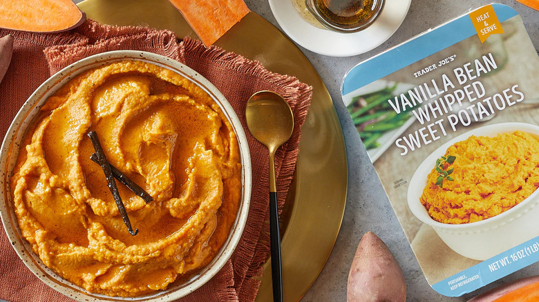 Trader Joe's vanilla sweet potatoes in a bowl beside the package