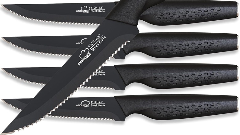 A product shot of Amorston Steak Knives on a plain white background with one laid diagonally