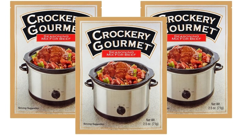 Three packets of Crockery Gourmet seasoning mix for beef