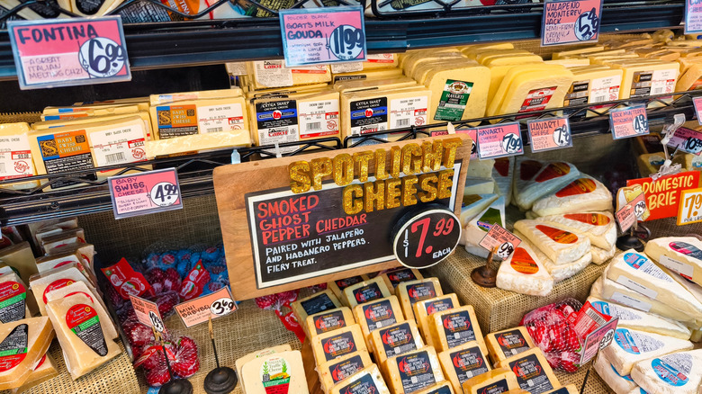 Variety of cheeses displayed at Trader Joe's
