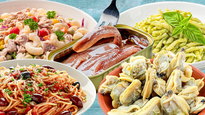 assorted canned seafood and pasta