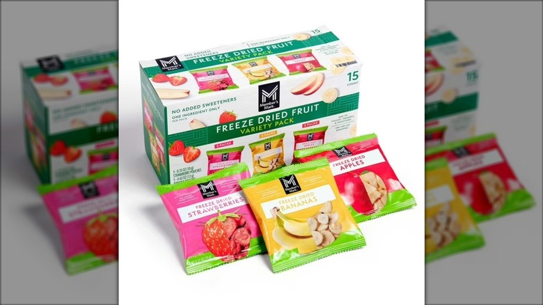 Box with packages of Member's Mark freeze dried variety pack with strawberries, bananas, and apples