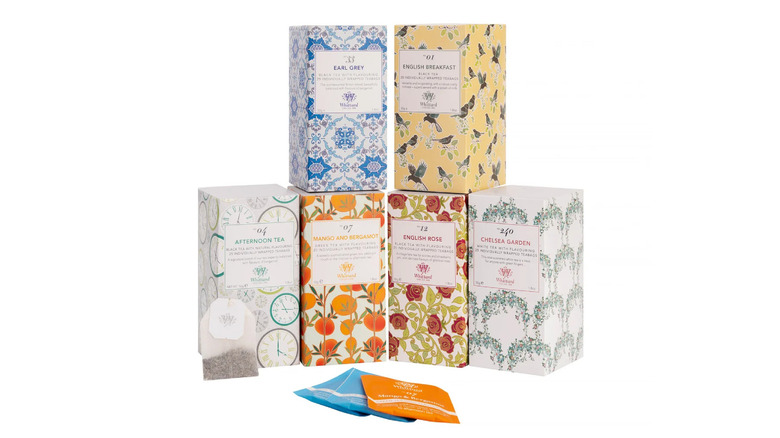 Six boxes of Whittard brand tea bags stacked on top of each other