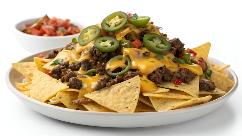 Plate of nachos topped with beef, cheese sauce, and sliced jalapeños