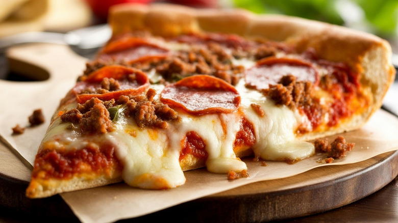 Deep dish pizza slice topped with cheese, pepperoni, and crumbled beef