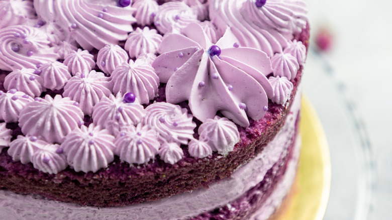 Closeup of an ube frosted cake
