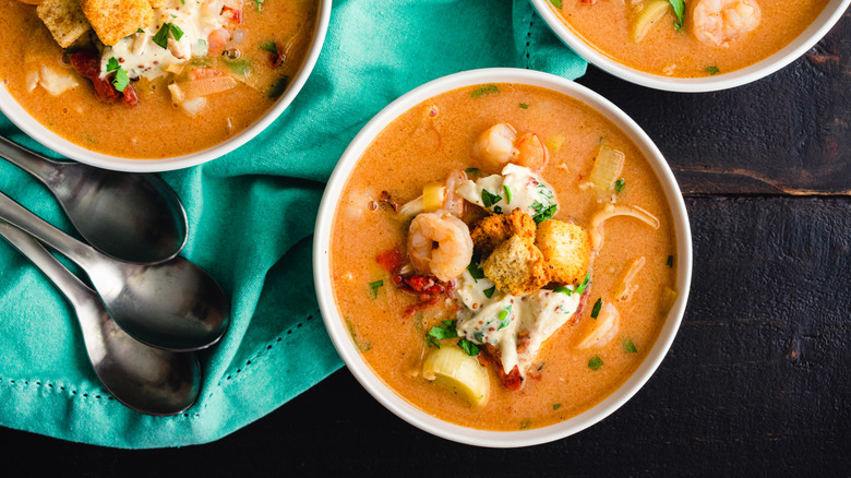 Seafood bisque topped with croutons