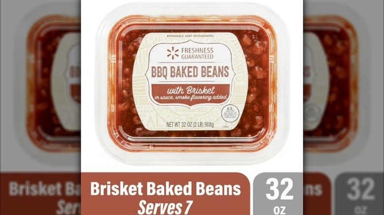 Walmart's Freshness Guaranteed baked beans with brisket in a plastic container.