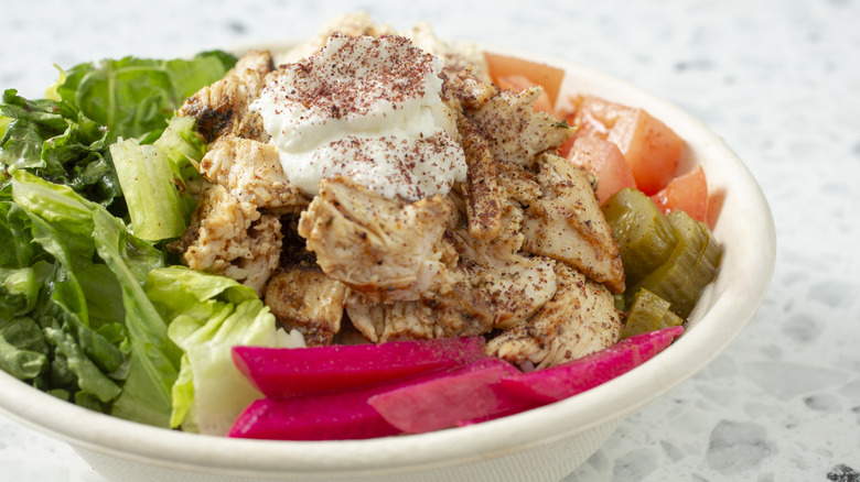 Toum on chicken shawarma salad