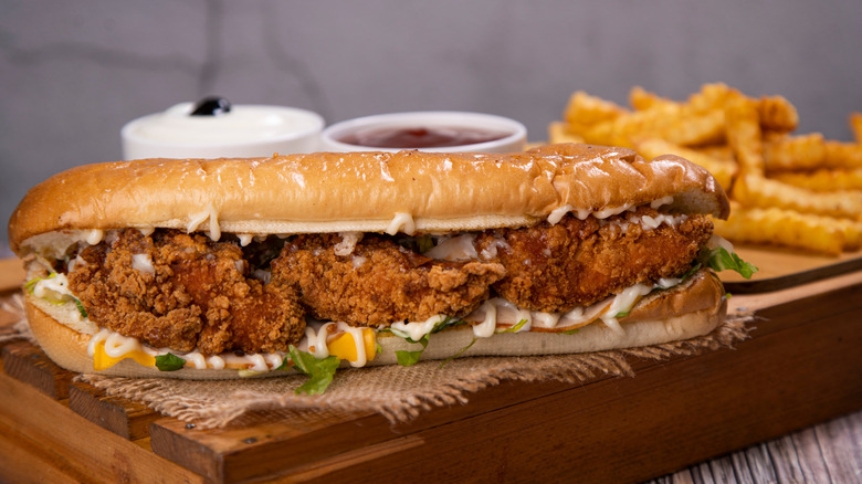 Crispy chicken sandwich with fries