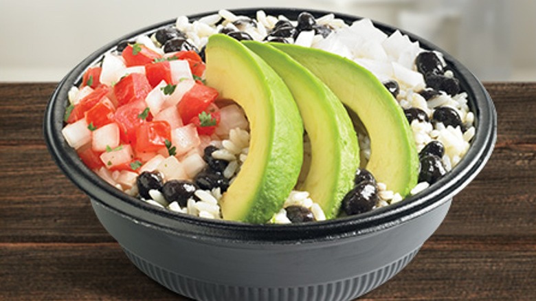 Del Taco rice bowl with avocado on top